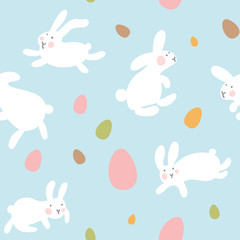 Seamless vector pattern with eggs and rabbits on light blue background. Hares jump all around and collect Easter eggs. Kawaii pattern for little kids, gifts, interior, easter goods. Hello Easter day