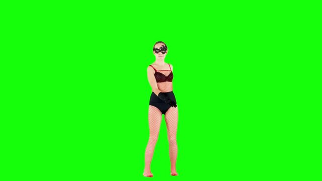 Dancer in Bodystocking Teasing in Lace Mask and Satin Gloves Green Screen