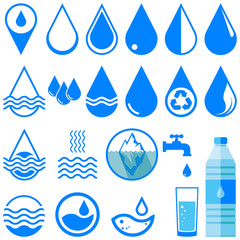 Water logo, icon set. Water drop, waves, faucet, iceberg, glass, bottle, map pointer. Blue. Vector illustration.