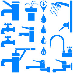 Water faucet, shower, fountain, old water pump, water drop. Set of icons. Blue. Vector illustration.