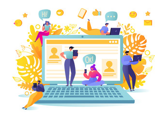 Vector illustration with flat people characters chatting in social network. Social media networks concept. Global internet community. Flat design and cartoon style vector Illustration.