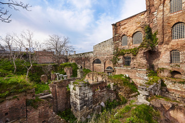 Istanbul, Turkey, 15 May 2015: Hagia Sophia from uncommon side - back side archaeology work аrеа