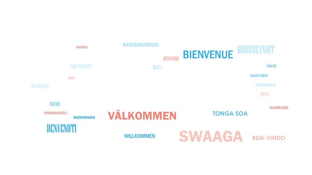 WELCOME word cloud kinetic type with translations
