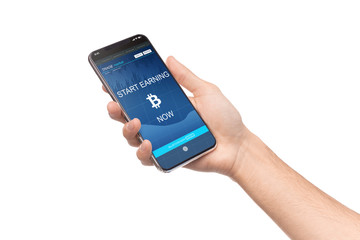Bitcoin earning application on smartphone screen isolated