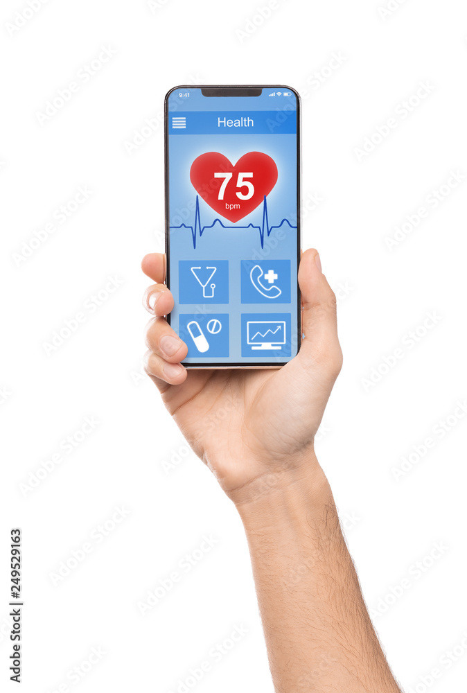 Aufkleber Man using smartphone app to check health data