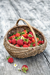 Fototapeta na wymiar Basket with strawberries on a wooden table. Useful garden berries