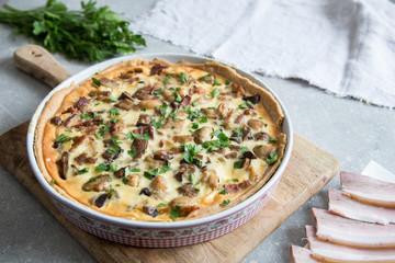 Homemade quiche lorraine with chicken, mushrooms, cheese and bacon. Tart with chicken. Chicken pie. Mushroom pie