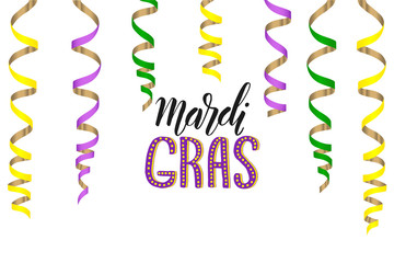 Mardi Gras greeting Bright Colorful serpentine Set and hand made lettering isolated on white. Falling particles for Carnival, Mardi Gras, Holiday decoration. © N_Melanchenko