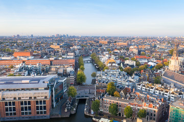 Fototapeta na wymiar Panoramic aerial view of Amsterdam, Netherlands. View over historic part of Amsterdam