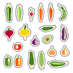 Set with hand drawn colorful flat stickers wih vegetables.