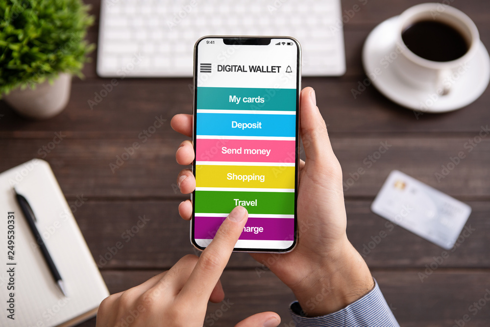 Poster man holding smartphone with digital wallet application