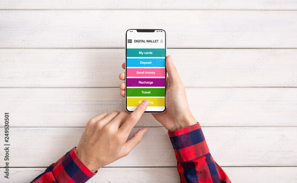 Poster Man using smartphone with digital wallet application