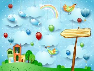 Fantasy landscape with town, arrow sign, birds and flying fisches