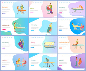 Beauty and skincare procedures vector. Depilation and barber, body wrap, cosmetician, hair styling and pedicure, tanning and chocolate spa treatment