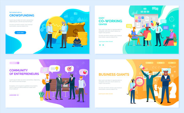Animal business team. Crowdfunding and co-working, community of entrepreneurs and business giants vector. Wild animals in office suits, money and statistical data, teamwork