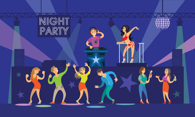 Night party people dancing on DJ music partying vector. PJ wearing special costume moving, woman friends drinking cocktails with straws, sweet drinks