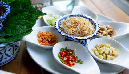 top view Miang Kum ingredient  (Leaf-Wrapped Bite-Size Appetizer) thai traditional food