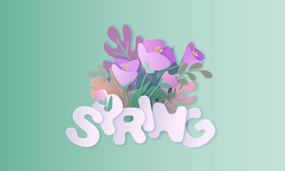 Paper cut 3d flowers banner in purple colors