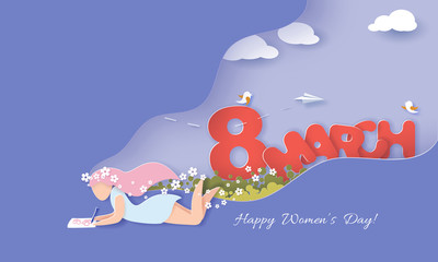 Naklejka premium Happy Women Day holiday card paper cut style