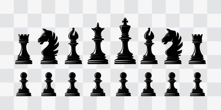Chess piece icons. Board game. Black silhouettes.