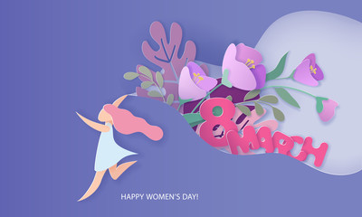 Happy Women Day holiday card paper cut style