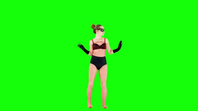 Girl Dancing in Bodystocking and Lace Mask Burlesque Green Screen
