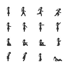 Vector set of women standing walking running sitting lying pointing in different poses icons.