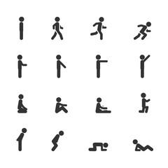 Vector set of man standing walking running sitting lying pointing in different poses icons.