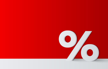 Red background with white percentage sign for sale or discount. - obrazy, fototapety, plakaty