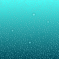 Green background with realistic water drops or bubbles.