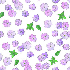 Floral seamless pattern with bright small hand drawn violet flowers and green leaves on white background. Plant endless texture. Summer textile print. Vector illustration