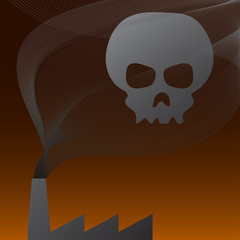 illustration vector of skull in gradient ribbon smoke air pollution from factory chimney on orange sky background