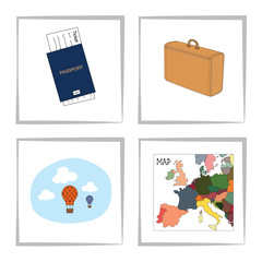 Set of travel elements. Blue passport with a ticket, suitcase, map of europe, hot air balloons in the sky. Vector