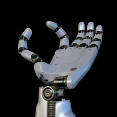 Robotic hand on black background. Your text or image between the robot's fingers.