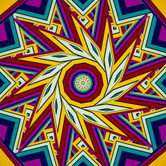 Colorful warm brown kaleidoscope 3D illustration. Beautiful bright mandala fractal ornament for yoga, clubs, shows. Zoom in geometric patterns with circles, rectangles design. 4K Square