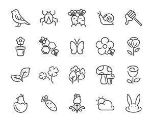 set of spring icons , such as harvest, farm, easter, flower, rain, garden