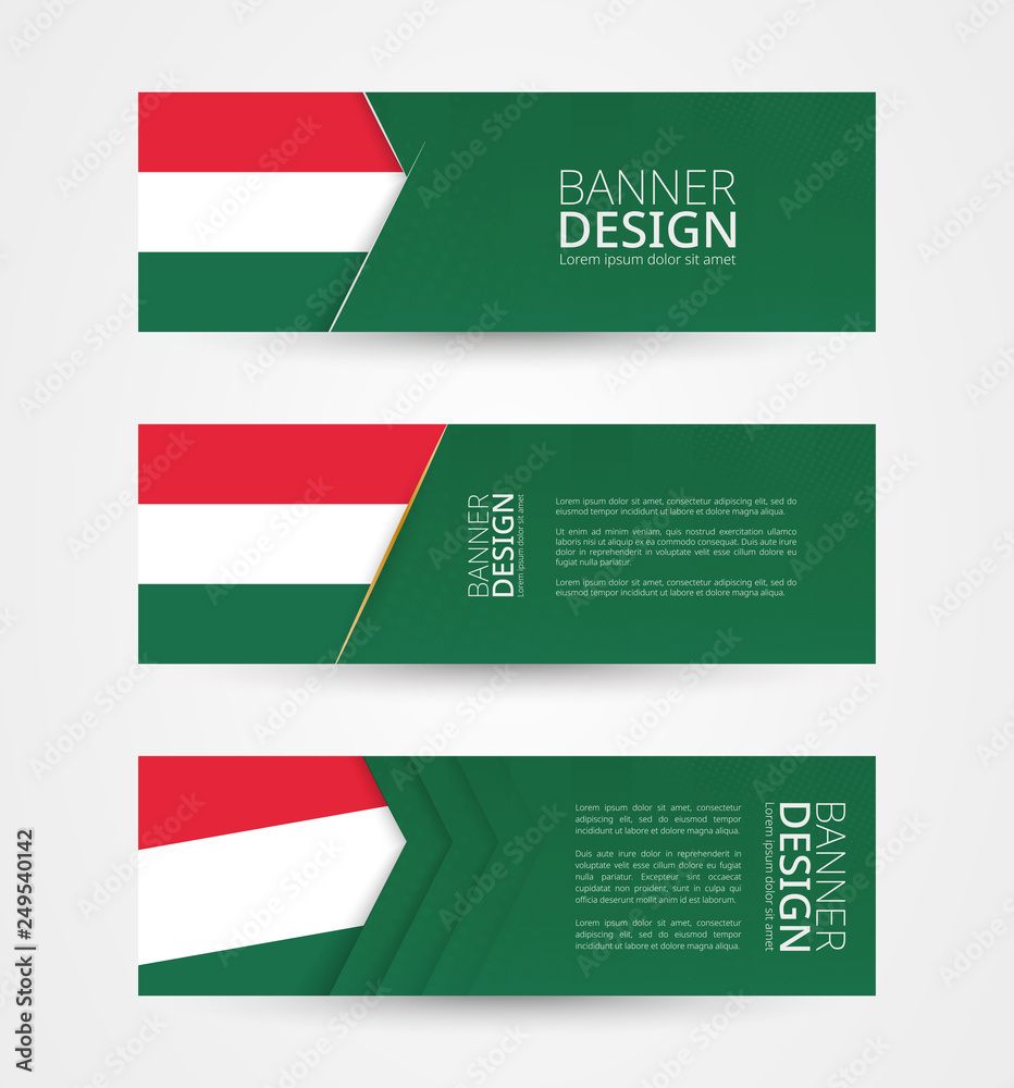 Poster set of three horizontal banners with flag of hungary. web banner design template in color of hungary