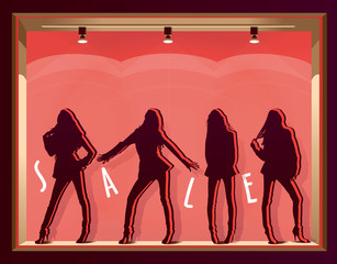 Showcase with red background and female silhouettes.