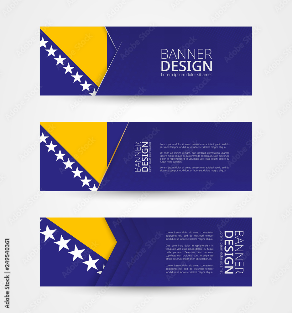 Wall mural set of three horizontal banners with flag of bosnia and herzegovina. web banner design template in c