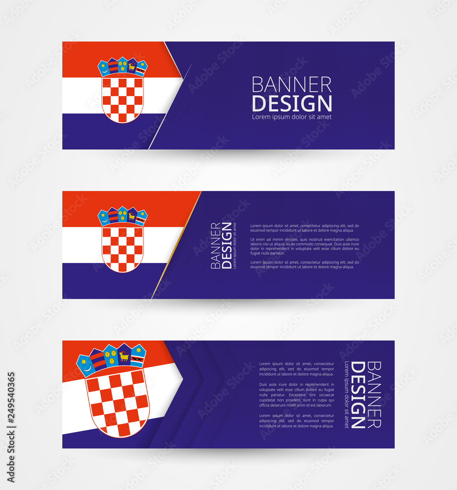 Poster set of three horizontal banners with flag of croatia. web banner design template in color of croatia