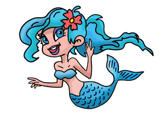 Cartoon mermaid with a red flower on her blue hair vector illustration