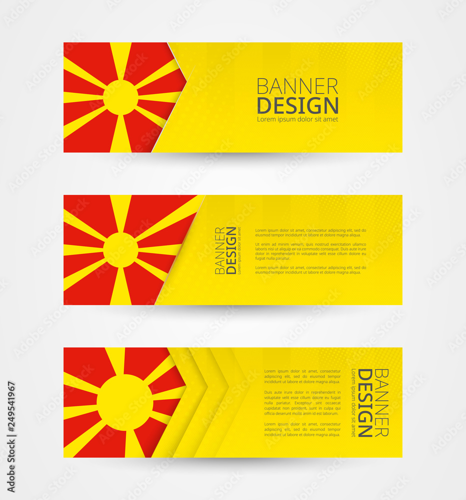 Wall mural set of three horizontal banners with flag of macedonia. web banner design template in color of maced