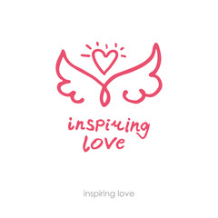 Inspiring love. Hand drawn positive logo. Line art wings and heart. Can be used for different designs, for example a print on a t-shirt.