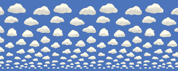 White fluffy clouds on blue sky - horizontal seamless pattern with perspective far to the horizon
