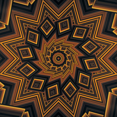 Colorful warm brown kaleidoscope 3D illustration. Beautiful bright mandala fractal ornament for yoga, clubs, shows. Zoom in geometric patterns with circles, rectangles design. 4K Square
