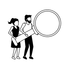 man and woman holding magnifying glass