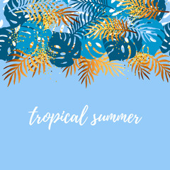 Fototapeta na wymiar Blue and golden exotic leaves. Tropical summer. Place for your text. Vector illustration for party, invitation, flyer, poster, banner, web.