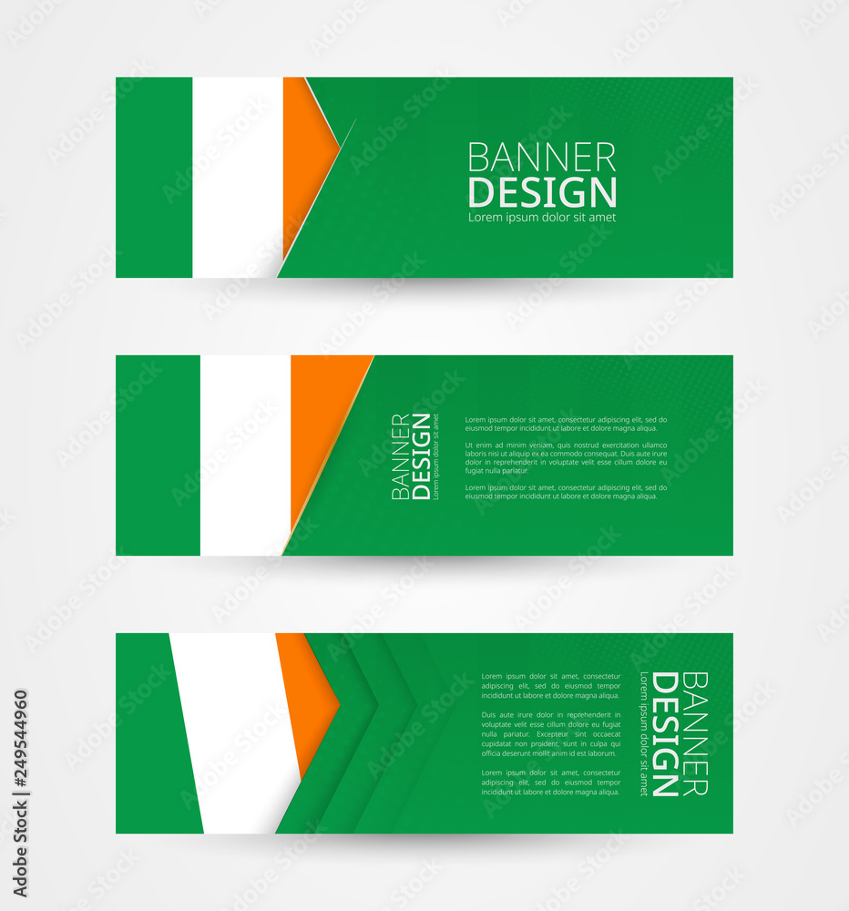 Poster set of three horizontal banners with flag of ireland. web banner design template in color of ireland