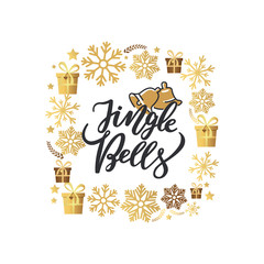 Jingle bells print, lettering text and two holiday campanes vector. Winter greetings on New Year, winter frame of snowflakes, gift boxes stars and leaves