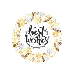 Best wishes lettering with branch wreath, decorative garland. New Year and Christmas greeting card with star, vector ornamental frame, snowflakes and leaves